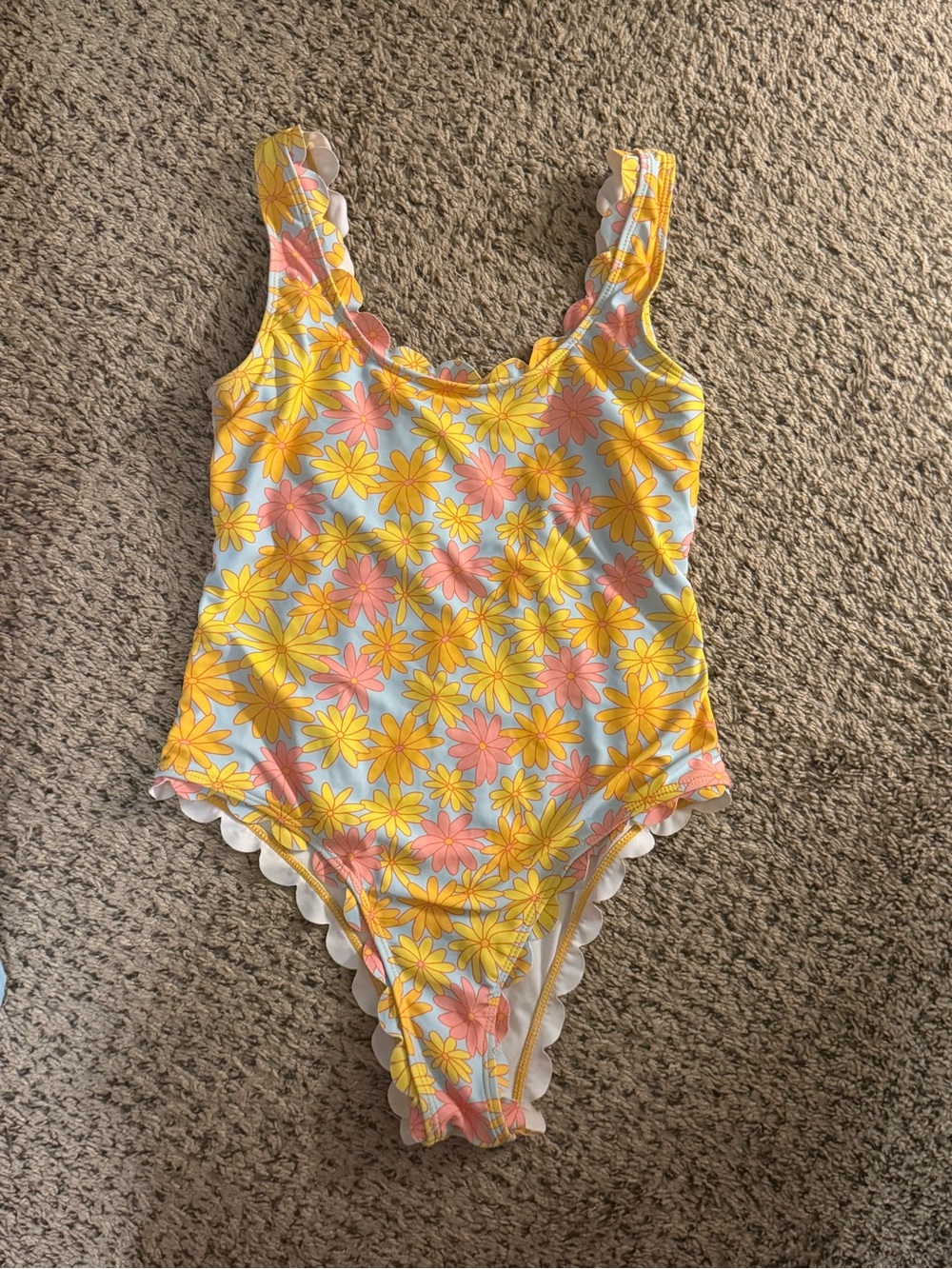 SHEIN Yellow & Pink Daisy Floral Scalloped Trim One-Piece Swimsuit